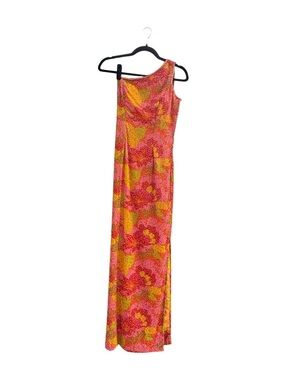 Mia Bella Vintage Beaded Asymmetrical Maxi Dress Pink Orange Floral